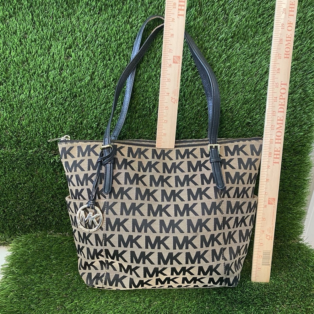 Michael Kors Signature Classic Black Monogram MK Jet Set Tote Hand Bag Purse - Picture 7 of 16